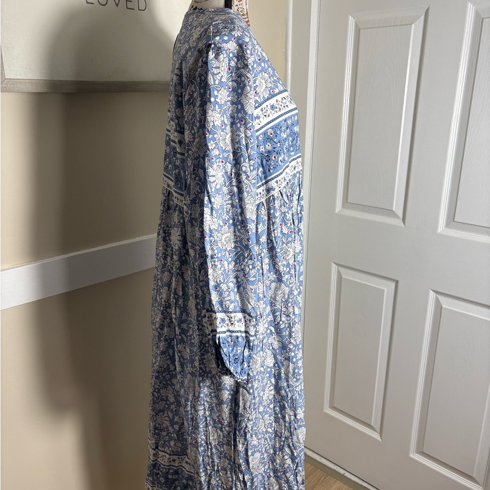 Blue Floral Maxi Dress XXL Cottagecore Tassel Tie Peasant Dress Flowy Romantic - Picture 5 of 8